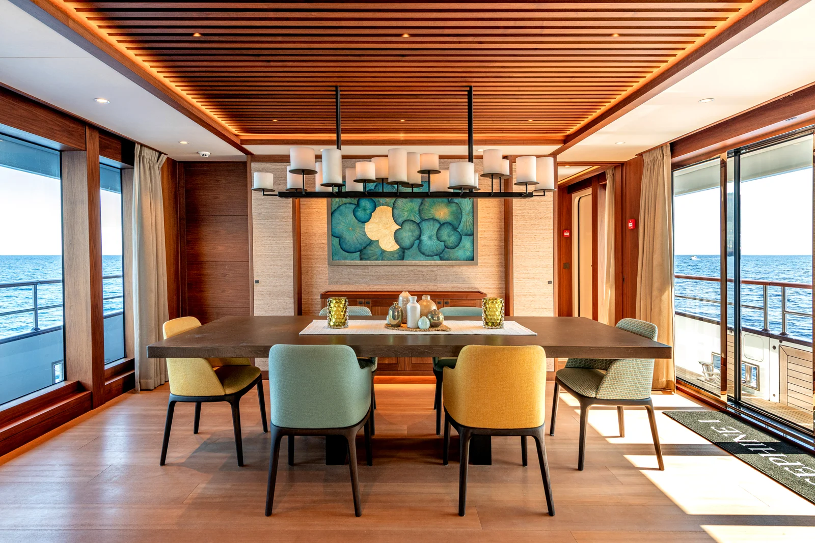 Warm wood yacht dining interior